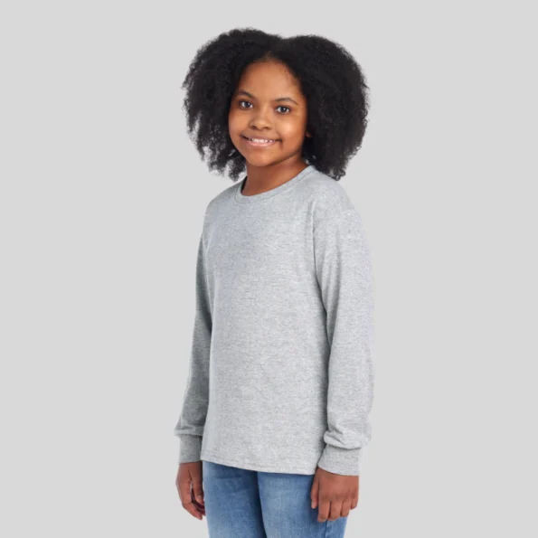 Youth moisture-wicking long sleeve t-shirt in black – Jerzees 29BLR front and back view