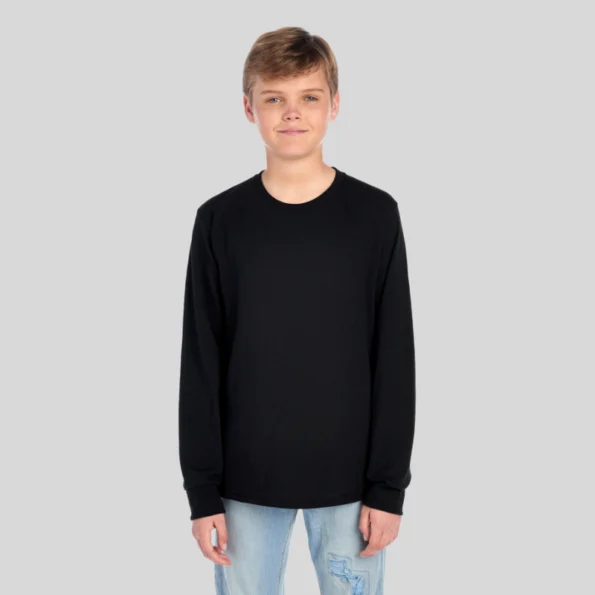 Youth moisture-wicking long sleeve t-shirt in black – Jerzees 29BLR front and back view