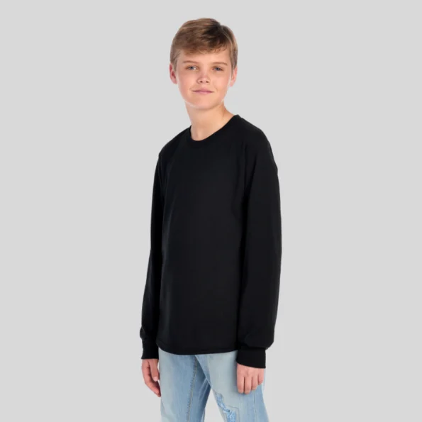 Youth moisture-wicking long sleeve t-shirt in black – Jerzees 29BLR front and back view