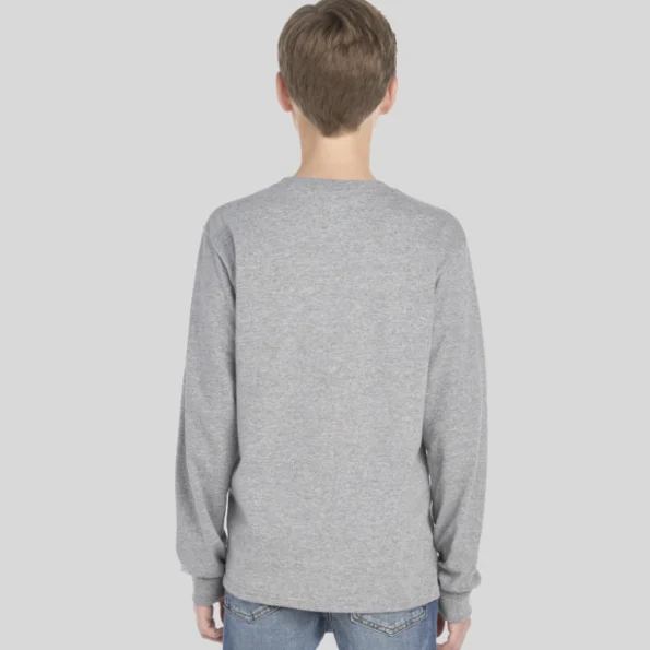 Youth moisture-wicking long sleeve t-shirt in black – Jerzees 29BLR front and back view
