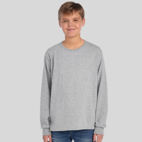 Youth moisture-wicking long sleeve t-shirt in black – Jerzees 29BLR front and back view