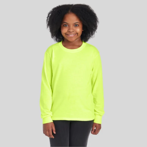 Youth moisture-wicking long sleeve t-shirt in black – Jerzees 29BLR front and back view