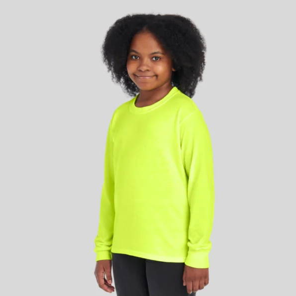 Youth moisture-wicking long sleeve t-shirt in black – Jerzees 29BLR front and back view