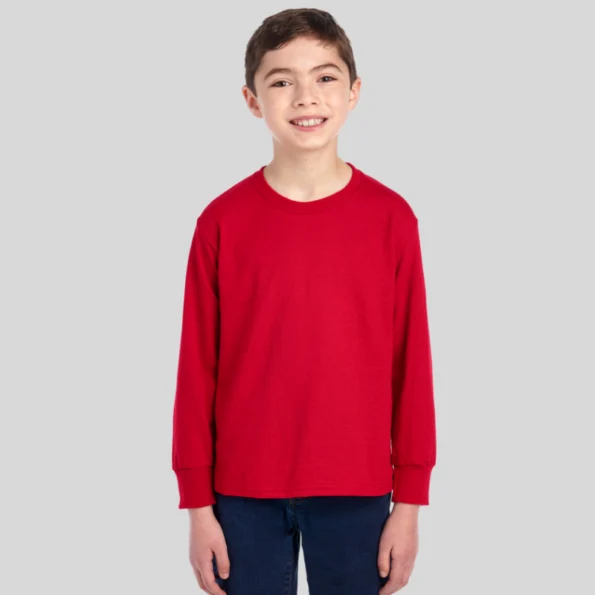 Youth moisture-wicking long sleeve t-shirt in black – Jerzees 29BLR front and back view