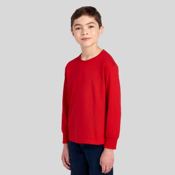 Youth moisture-wicking long sleeve t-shirt in black – Jerzees 29BLR front and back view