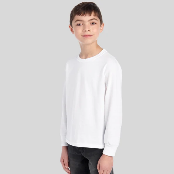 Youth moisture-wicking long sleeve t-shirt in black – Jerzees 29BLR front and back view