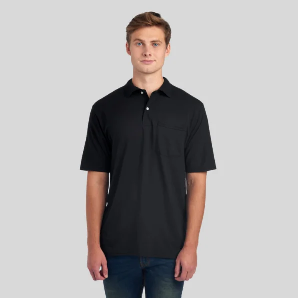 Jerzees 436MP unisex pocket polo shirt in black – front view