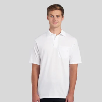 Jerzees 436MP unisex pocket polo shirt in black – front view
