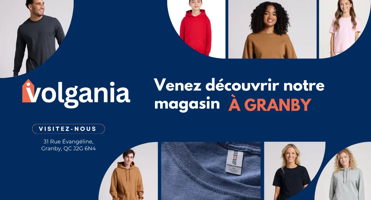 Bannière du magasin Volgania à Granby offrant des vêtements vierges en gros pour la sérigraphie et la broderie au Québec